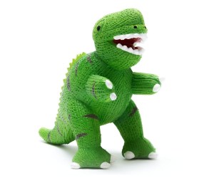 Green natural rubber T rex teether dinosaur toy for babies with textured finish on body